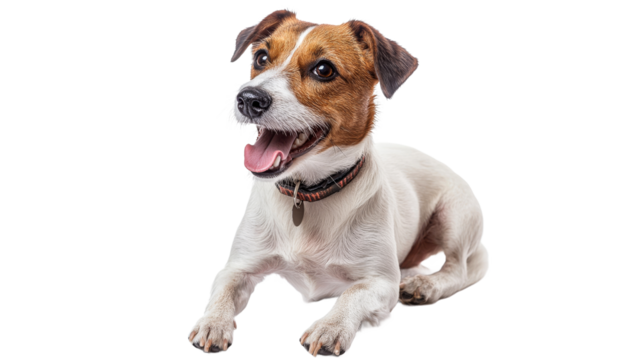 Joyful dog lying with a happy expression indoors