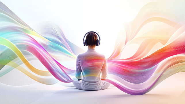 A person surrounded by swirling sound waves, symbolizing the healing power of music therapy on the body and mind.