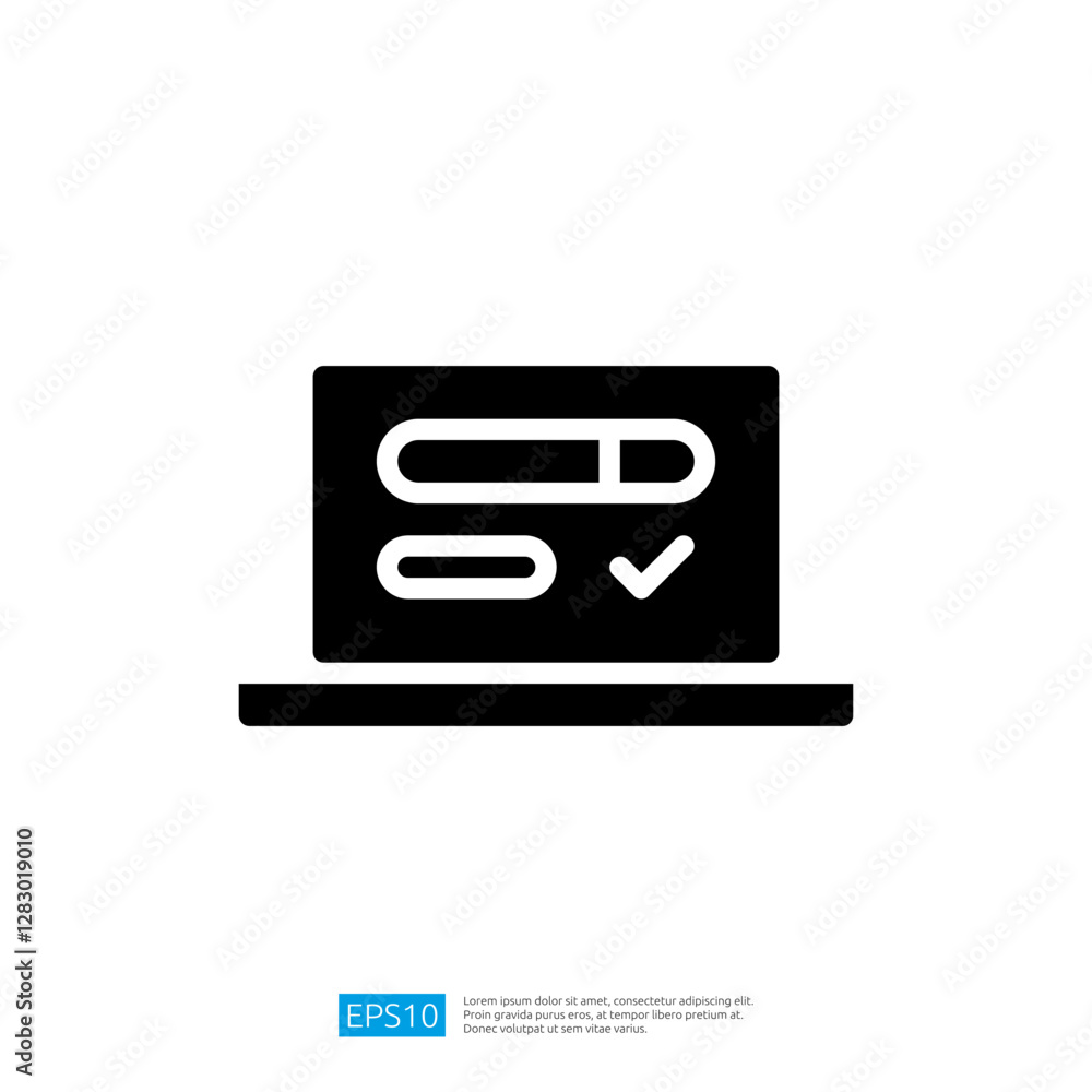 Poster digital icon representing document with checkmark and pens on a laptop symbolizing office supplies a