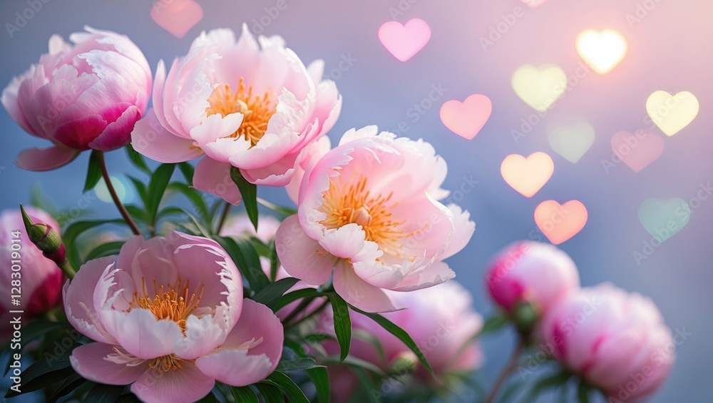 Poster pink peony flowers in bloom with a soft pastel background and heart-shaped bokeh lights creating a r