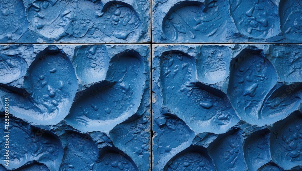 Poster textured blue wall panels with three-dimensional floral design patterns creating surface depth and v
