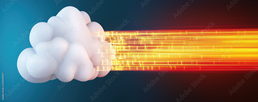Poster a dynamic cloud with streaks of light, representing speed and technology, against a gradient backgro
