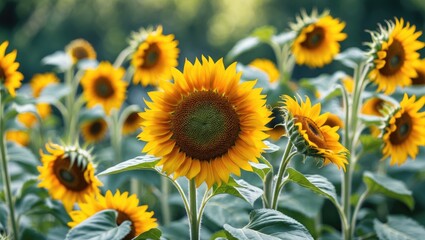 Obraz premium Vibrant Closeup of Sunflowers in Bloom Surrounded by Lush Greenery Perfect for Summer Floral Backgrounds and Natural Designs