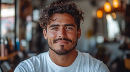 Obraz premium young latin american barber succeeding in personal grooming business as selfmade entrepreneur with trendy barbershop offering professional haircut and styling