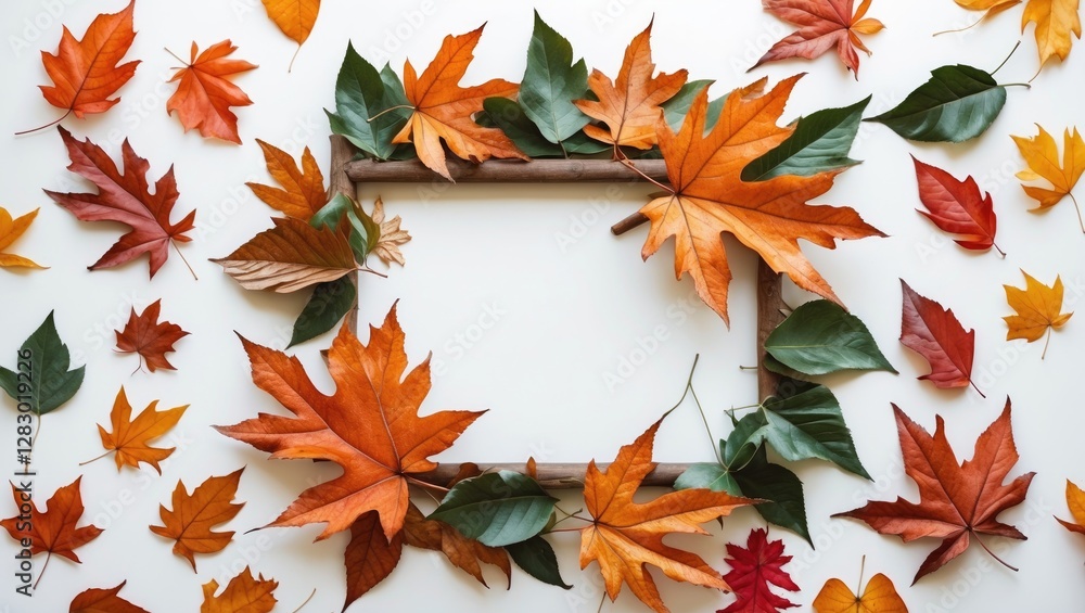 Poster autumn leaves arranged around a blank frame on a white background creating a seasonal decorative bor