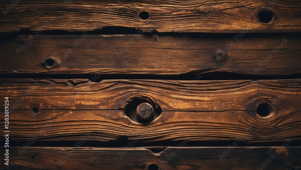 Poster dark wooden planks background with visible knots and texture in a rustic style suitable for various 