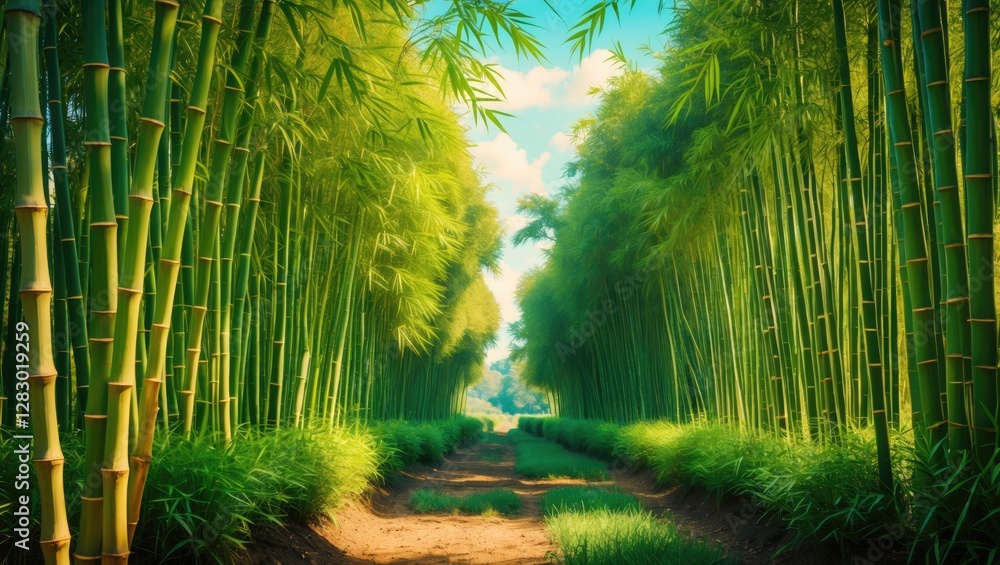 Poster lush bamboo forest pathway with vibrant greenery and sunlight filtering through trees creating a ser