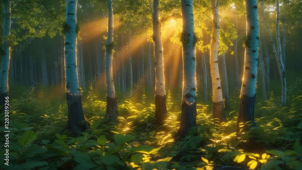 Poster sunlight streaming through birch trees in a lush green forest with ferns and soft shadows creating a