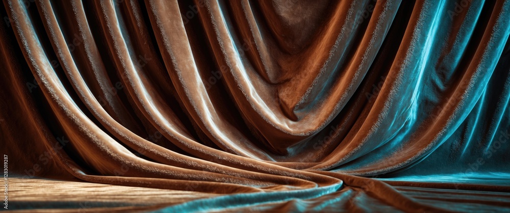 Poster soft draped fabric in warm brown and cool turquoise colors creating texture and depth in an elegant 
