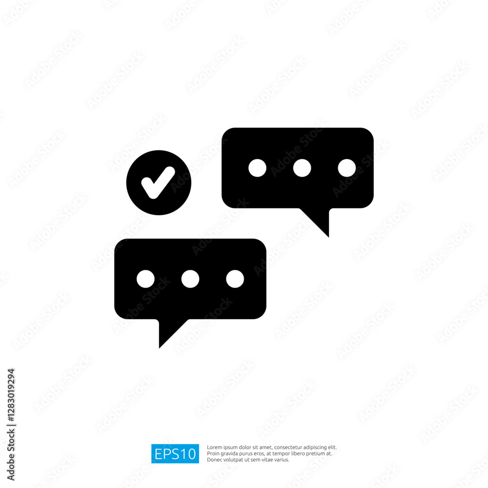 Poster approval icon with messaging bubbles and checkmark symbol representing communication and feedback in