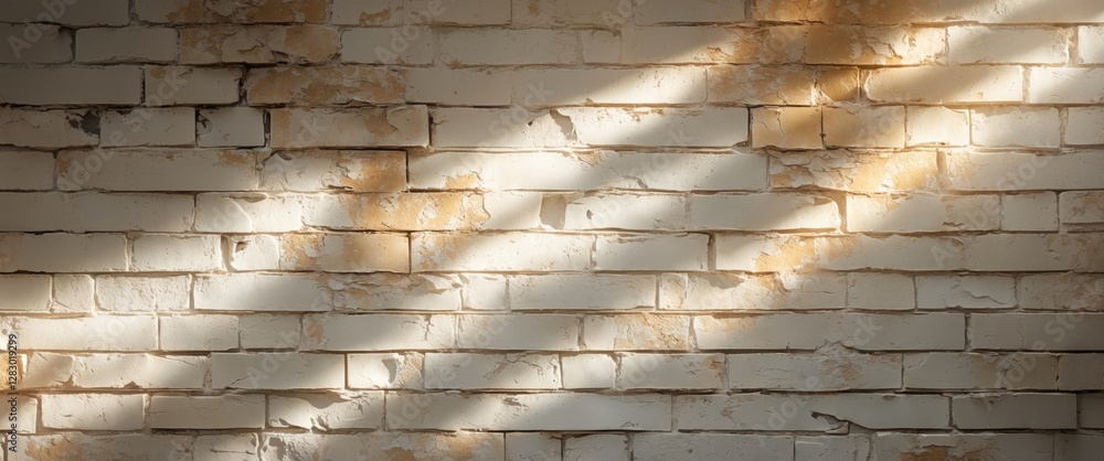 Poster textured white brick wall with peeling paint and shadows from sunlight creating patterns on the surf