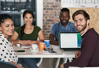 Meeting, portrait and team of people in office planning editorial publication for magazine. Discussion, diversity and group of copywriters with journalism career at startup for media research.