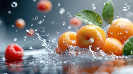 Ripe fruits splashing into water with droplets and leaves, creating dynamic and refreshing scene. vibrant colors and motion capture essence of freshness and vitality