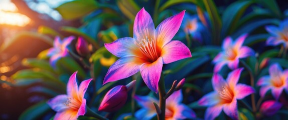 Fototapeta premium Vibrant close-up of blooming colorful flowers with pink and orange petals against a blurred green background in soft sunlight