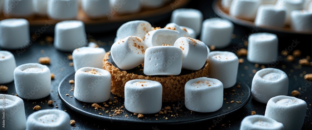 Aufkleber marshmallow dessert with graham cracker crust and scattered marshmallows on black background