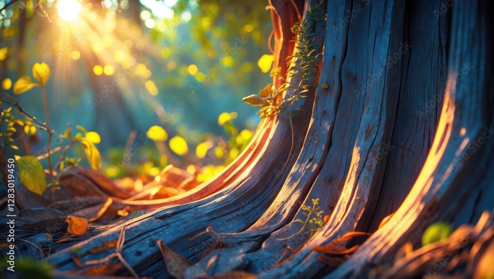 Poster forest scene with sun rays illuminating tree trunks and lush foliage in a tranquil natural setting d