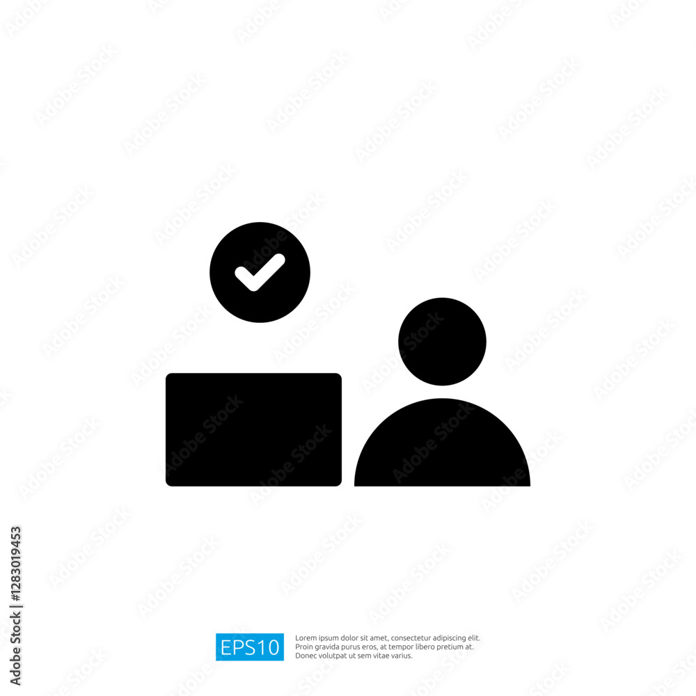 Poster icon of person next to a computer with a checkmark for successful verification in digital interface 