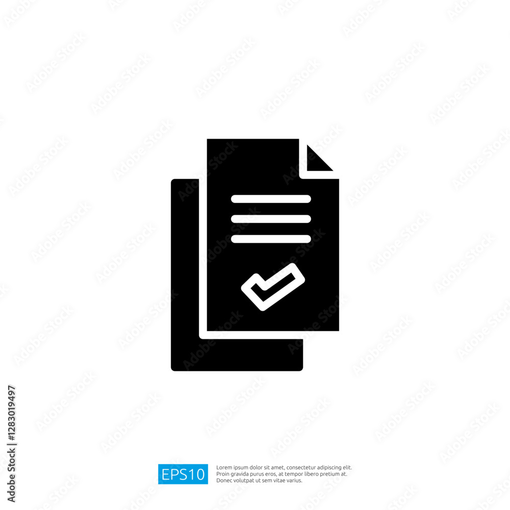 Poster icon representing document checklist and agreement verification with notations and a check mark on p