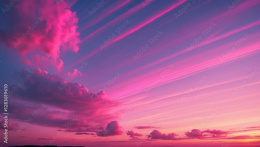 Poster vibrant pink and purple sky gradient at sunset with soft clouds and unique stripes creating a tranqu