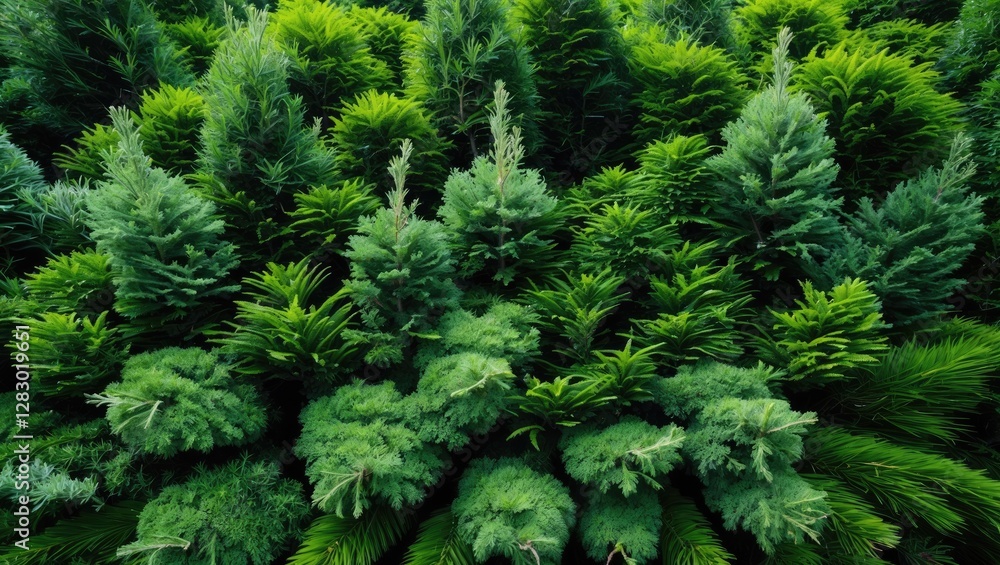 Poster lush green thuja and cypress shrubs creating a textured background in a vibrant garden setting highl