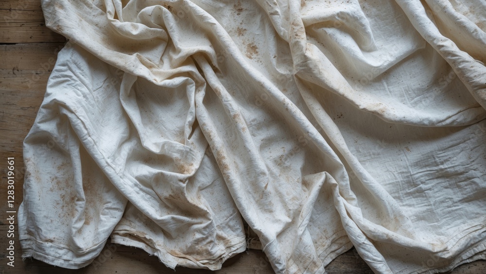Poster worn vintage white fabric with stains and texture creating a rustic background for creative projects