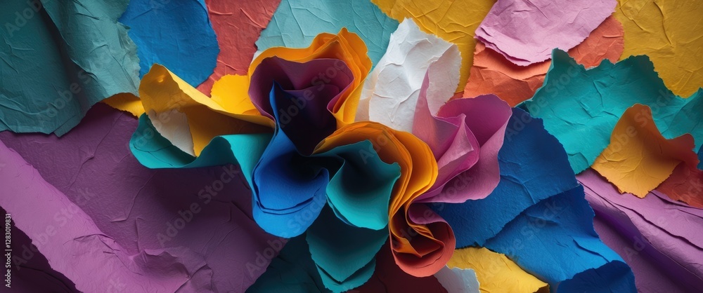 Poster colorful layers of crumpled and wavy textured paper in various shades creating an abstract backgroun