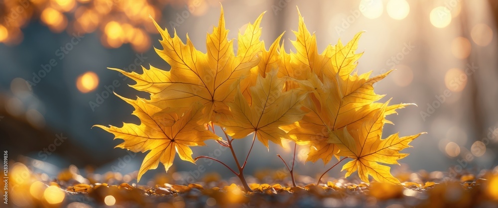 Poster golden maple leaves illuminated by soft sunlight creating a serene autumn atmosphere with a blurred 