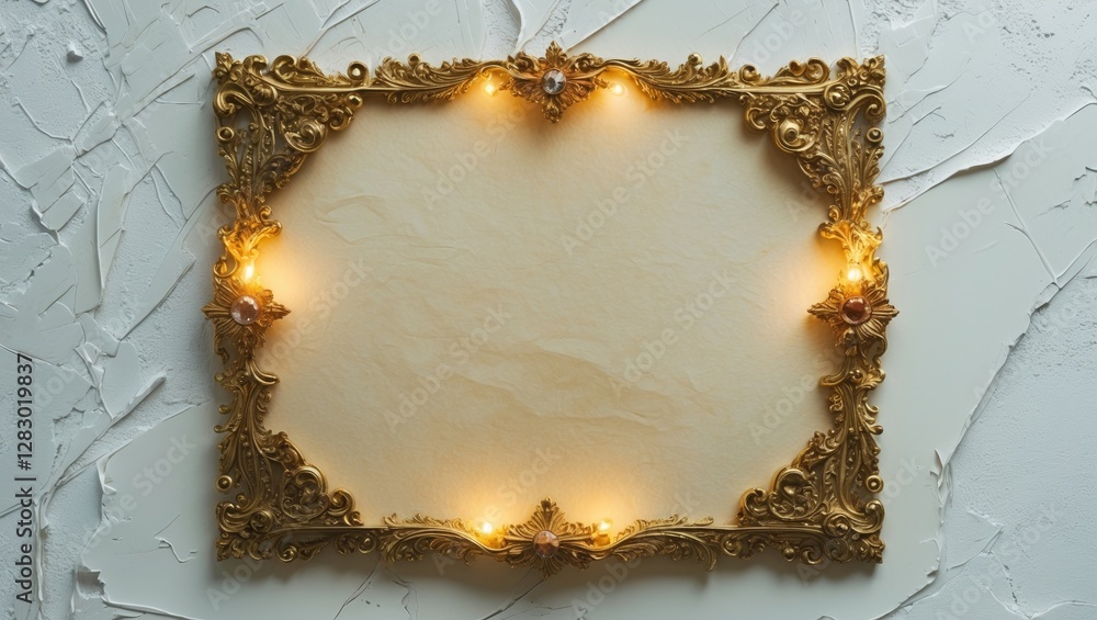 Poster decorative golden photo frame with lights on textured white background empty space for artwork or te