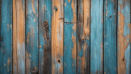 Naklejka premium Weathered wooden planks with blue and brown hues displaying texture and grain patterns suitable for rustic backgrounds or designs