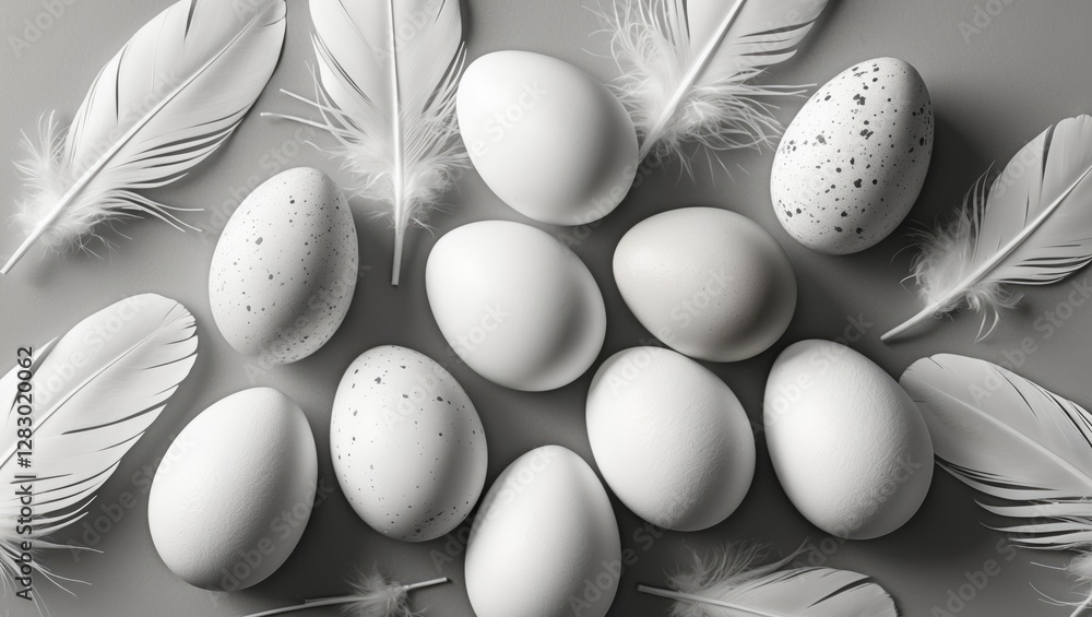 Poster white eggs and feathers arranged on a neutral background in a flat lay composition for minimalistic 