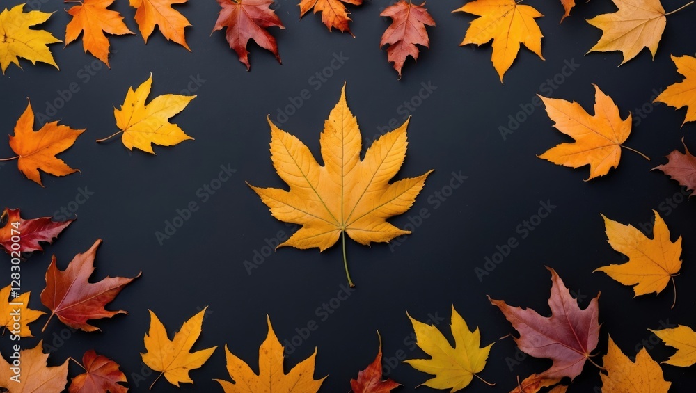Poster collection of colorful autumn leaves arranged on a dark background creating a natural pattern in war