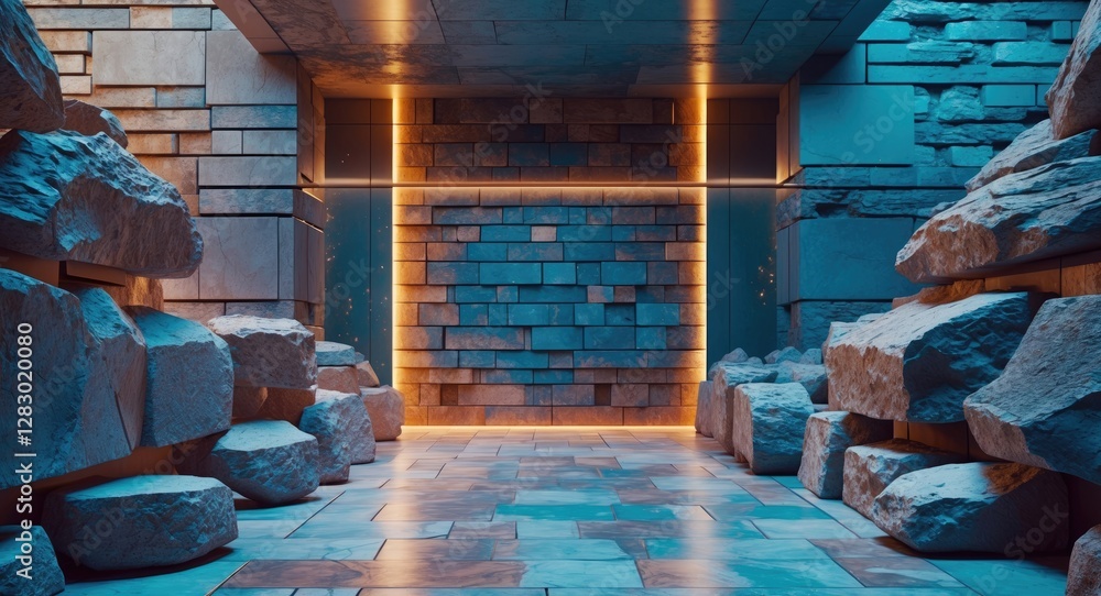 Poster modern stone wall with illuminated features in an artistic, textured interior setting suitable for d