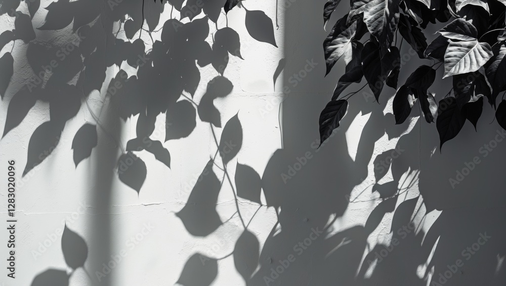 Poster black and white shadows of leaves on a textured wall creating an artistic and minimalist background 