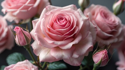 Fototapeta premium Pink roses in full bloom with buds on stems against a dark background capturing floral beauty and detail.
