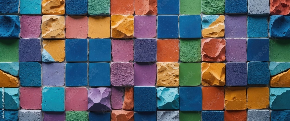 Poster colorful textured wall made of various square tiles with uneven surfaces and bright hues arranged in