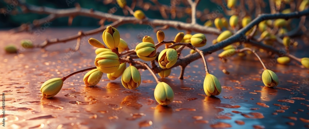 Poster yellow flower buds on branch resting on wet surface with droplets reflecting soft light in warm colo