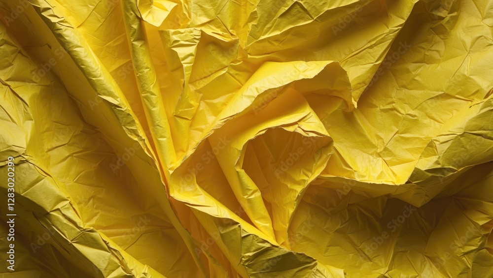 Poster crumpled yellow paper texture with deep folds and creases creating a dynamic surface design pattern
