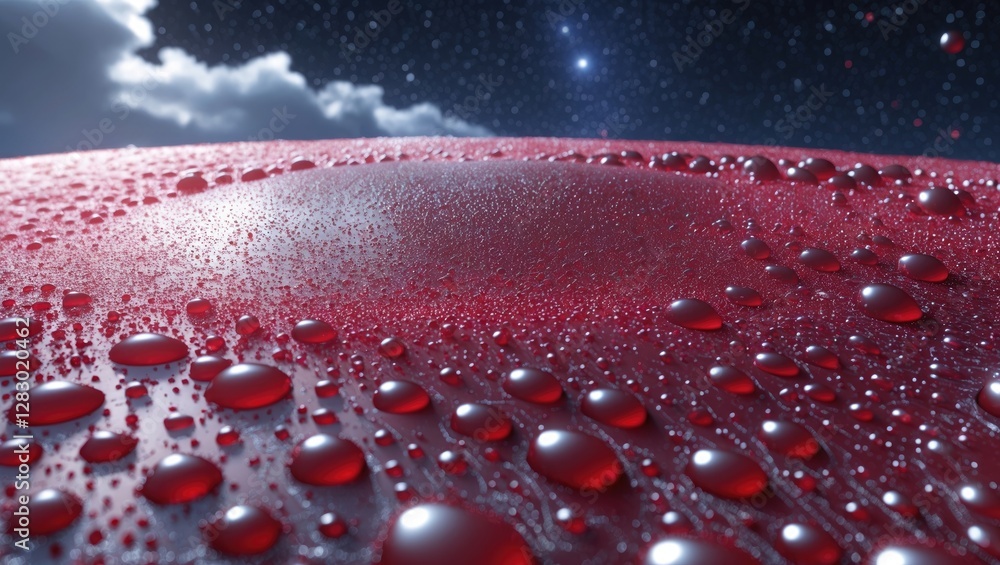 Poster close-up of red liquid surface with droplets under starry sky representing abstract art and explorat