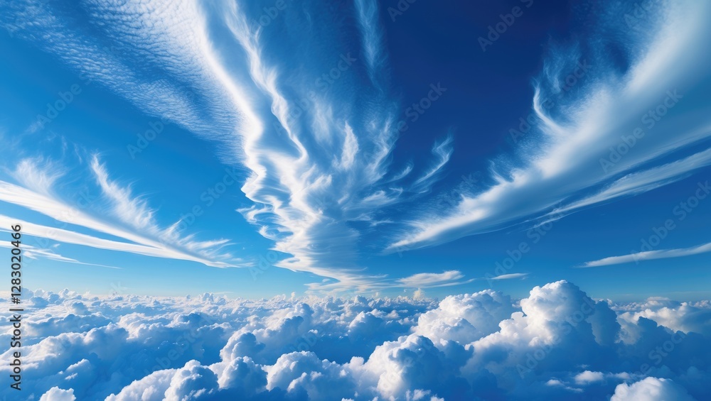 Poster vibrant blue sky filled with intricate altocumulus undulatus clouds and soft stratocumulus cloud for