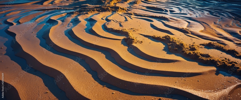 Poster rippling patterns of golden sand on a beach during low tide with water reflections and shadows creat