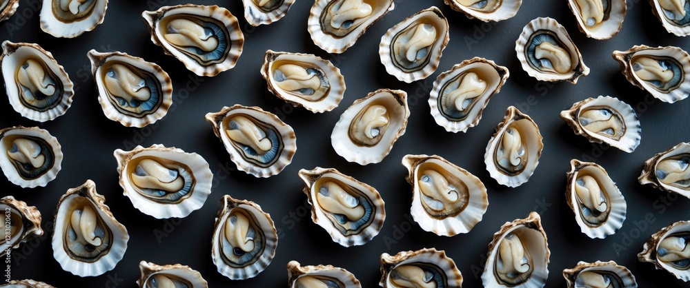 Poster layout of empty oyster shells arranged creatively on a dark surface offering a unique top view persp