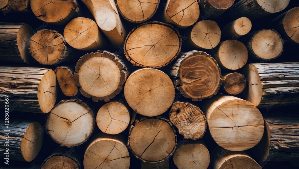 Poster wooden logs stacked in a pile with visible tree rings and natural textures forming a rustic backgrou