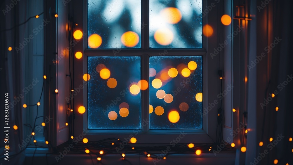 Poster glowing warm orange string lights framed by a window on a rainy evening with a blurred background of