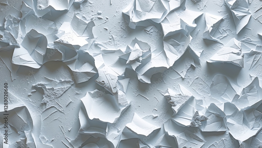 Poster textured close-up of crumpled white paper on a flat surface creating an abstract monochromatic backg