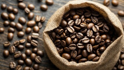 Coffee beans in burlap sack with spilled beans on wooden surface close-up