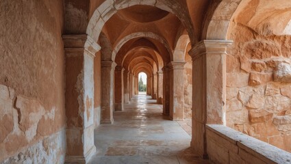Obraz premium Ancient architectural corridor with arched stone walls and warm earthy tones creating a captivating historical ambiance in a peaceful setting