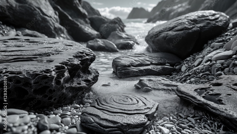 Poster abstract black and white texture of sea stones on a beach with smooth pebbles and ocean waves in the