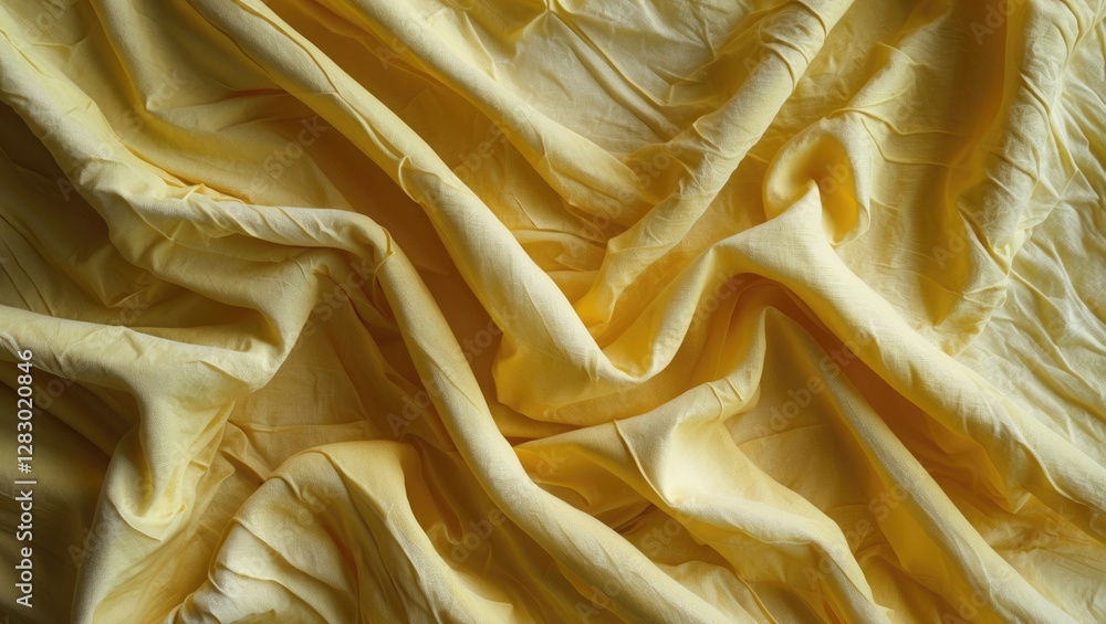 Poster crinkled yellow fabric texture background with soft folds and waves creating a smooth aesthetic surf
