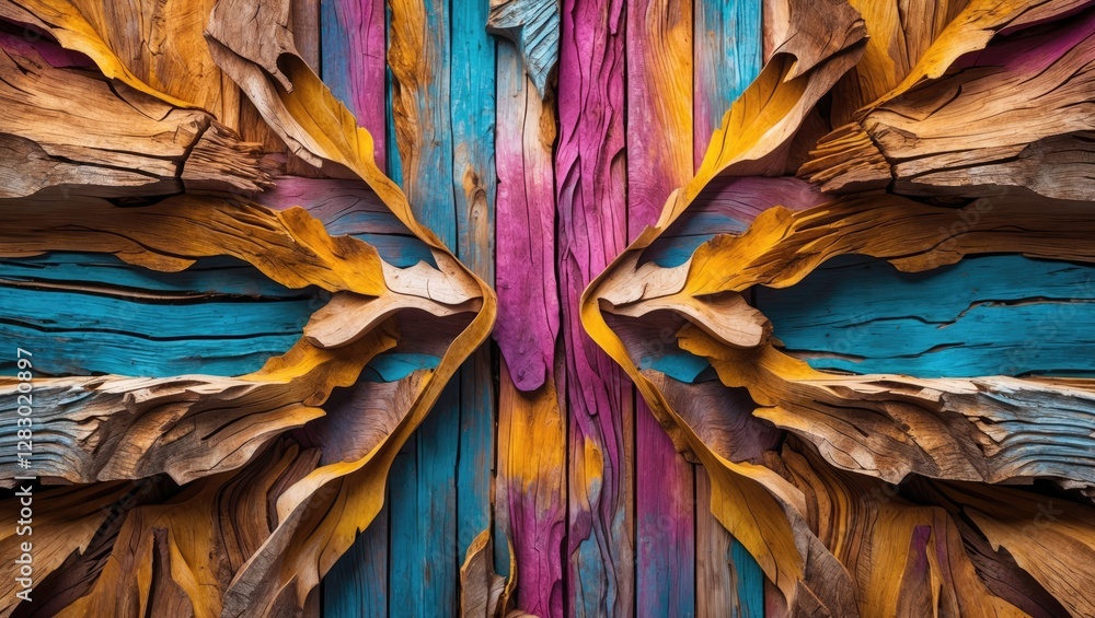 Poster abstract wooden texture with vibrant colored layers forming symmetrical pattern on a wooden backgrou