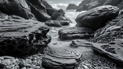 Abstract black and white texture of sea stones on a beach with smooth pebbles and ocean waves in the background creating a serene landscape.